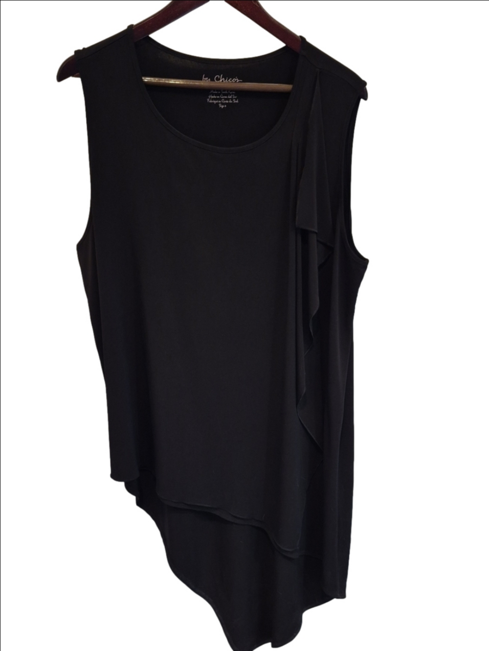 Chico's Black Asymmetric Sleeveless Draped Tunic With Ruffle